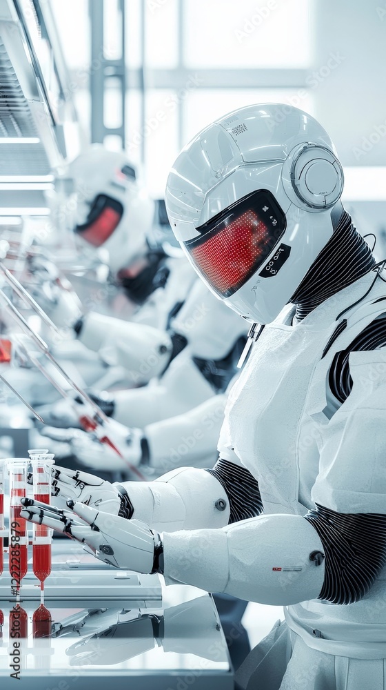 Poster futuristic robots conducting experiments in modern laboratory environment with advanced technology a