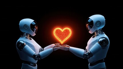 Robots exchanging a glowing heart symbol.