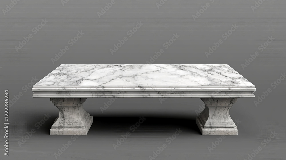 Poster white marble table top, stone display stand. vector realistic mockup of empty shelf, kitchen counter