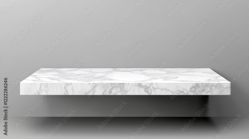 Poster white marble table top, stone display stand. vector realistic mockup of empty shelf, kitchen counter