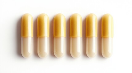 Yellow and white capsules arranged in a row on a clean background