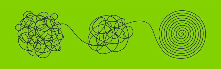 Chaos and order business concept flat style design vector illustration isolated on white background. Tangled disorder turns into spiral order line, find solution. Coaching, mentoring or psychotherapy.