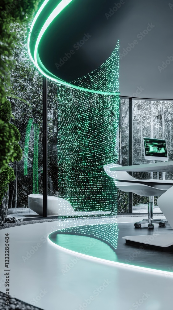 Aufkleber modern workspace featuring digital elements and nature-inspired design in a serene environment