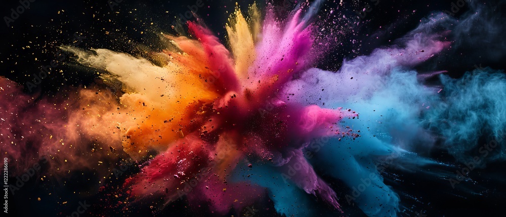 Poster vivid explosion of multicolored powder bursting against deep black background – dynamic and colorful