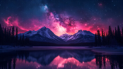  Majestic mountain landscape with cosmic sky, nebula, starry night reflection, serene lake