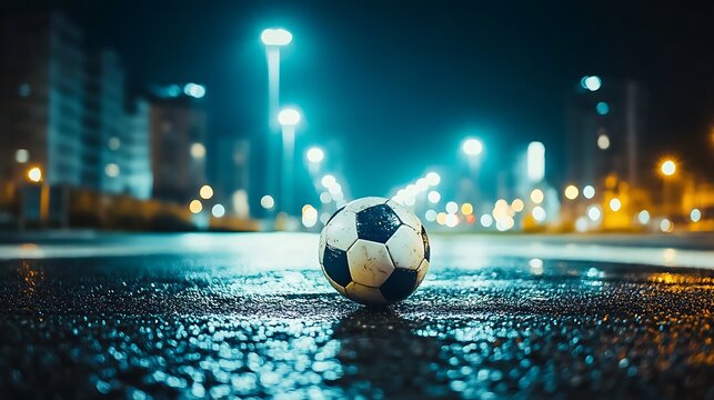 Night City Soccer Ball: A Solitary Sphere Under City Lights
