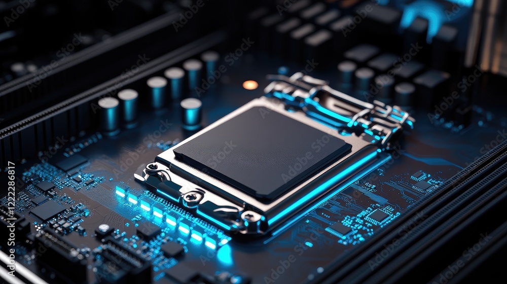 Poster a high-resolution image of a microprocessor placed on a motherboard with vibrant led lighting effect