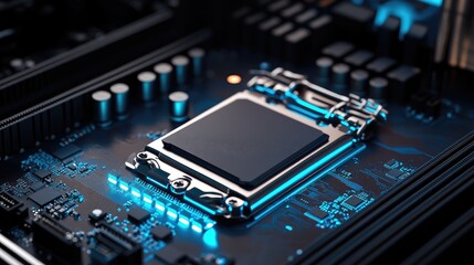 A high-resolution image of a microprocessor placed on a motherboard with vibrant LED lighting effects.