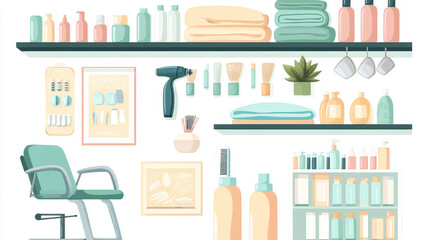 Beauty parlor design elements set isolated on white background. Vector cartoon illustration of hairdresser armchair, hair dryer and dye, clean towels on shelf, shampoo bottle, haircut posters on wall