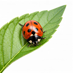 A vibrant ladybug rests upon a verdant leaf, both elements isolated against a transparent background.