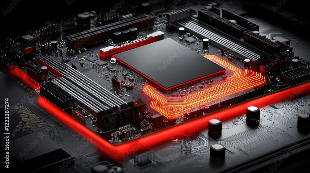 Poster a high-tech 3d rendering of a glowing motherboard with animated energy flows.