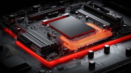 A high-tech 3D rendering of a glowing motherboard with animated energy flows.