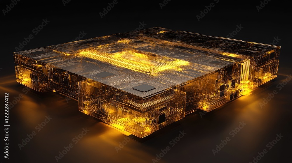 Poster a high-tech 3d rendering of a glowing motherboard with animated energy flows.