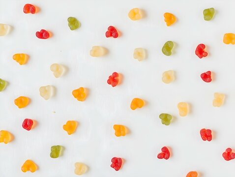 gummy candies arranged in a repeating pattern, various colors, white background, flatly style