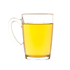 Isolated tea mug with green tea on white background, glass dish for liquids concept, copy space