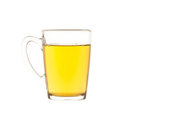 Isolated tea mug with green tea on white background, glass dish for liquids concept, copy space