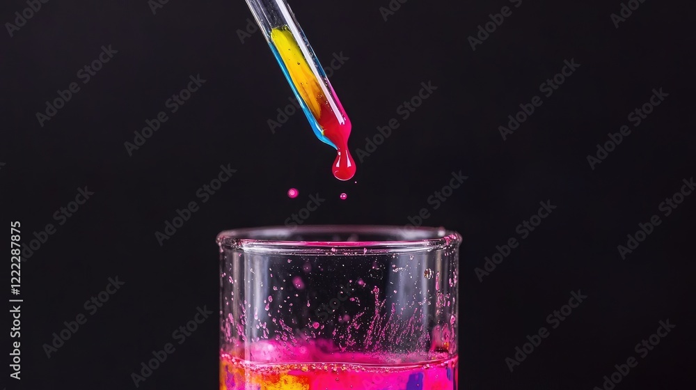 Poster a macro shot of a pipette dropping colored liquid into a transparent beaker.