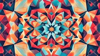 Abstract kaleidoscopic pattern with vibrant orange, teal, and dark red geometric shapes.