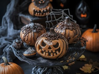 halloween cupcakes, jack-o-lantern faces, dark background, spooky atmosphere, cobwebs