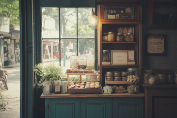 Cozy bakery interior with shelves and view of a tourist street
