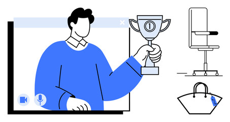 Businessman in virtual meeting holds a trophy, symbolizing success. Accompanied by an office chair, a briefcase, and icons for video and microphone. Ideal for themes of achievement, remote work