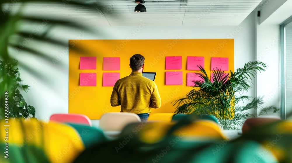 Aufkleber business professional standing in front of colorful wall with sticky notes while using laptop in mod