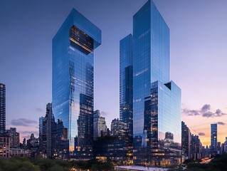 Fototapeta premium City Skyline Dominated by Tall Glass Skyscrapers Reflecting Sunrise, Modern Urban Architecture with Futuristic Aesthetic in a Serene Morning Glow