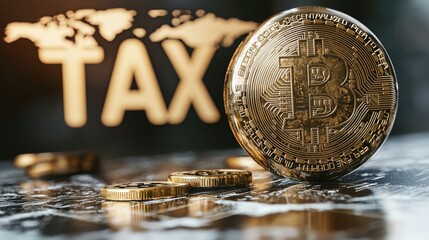 Golden Bitcoin coin with tax symbol, concept of crypto finance and taxation