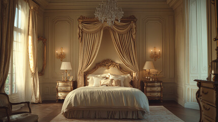 elegant gold and white bedroom with luxurious canopy bed and ornate decor