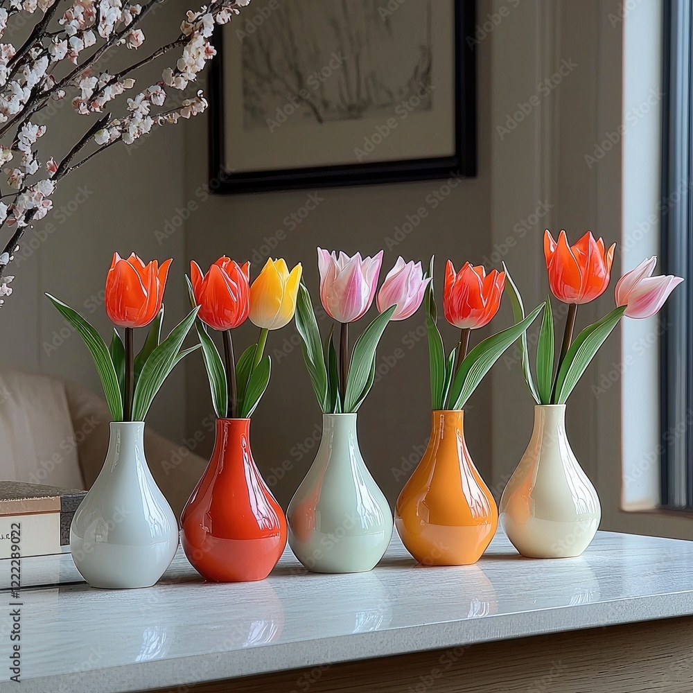 Poster five small bud vases with tulips on a table in beautiful environment.
