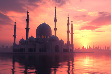 Naklejka premium beautiful mosque, magnificent mosque, sunset, islamic, ramadan Kareem, eid mubarak, eid al adha, eid al fitr, 3d rendering, generative ai