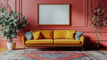 Cozy Living Room with Orange Sofa and Elegant Wall Decor