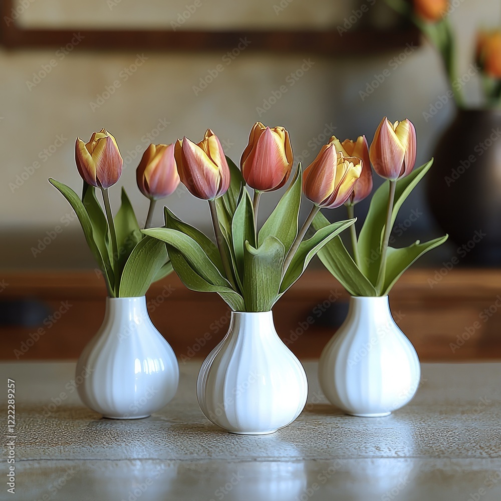 Poster five small bud vases with tulips on a table in beautiful environment.