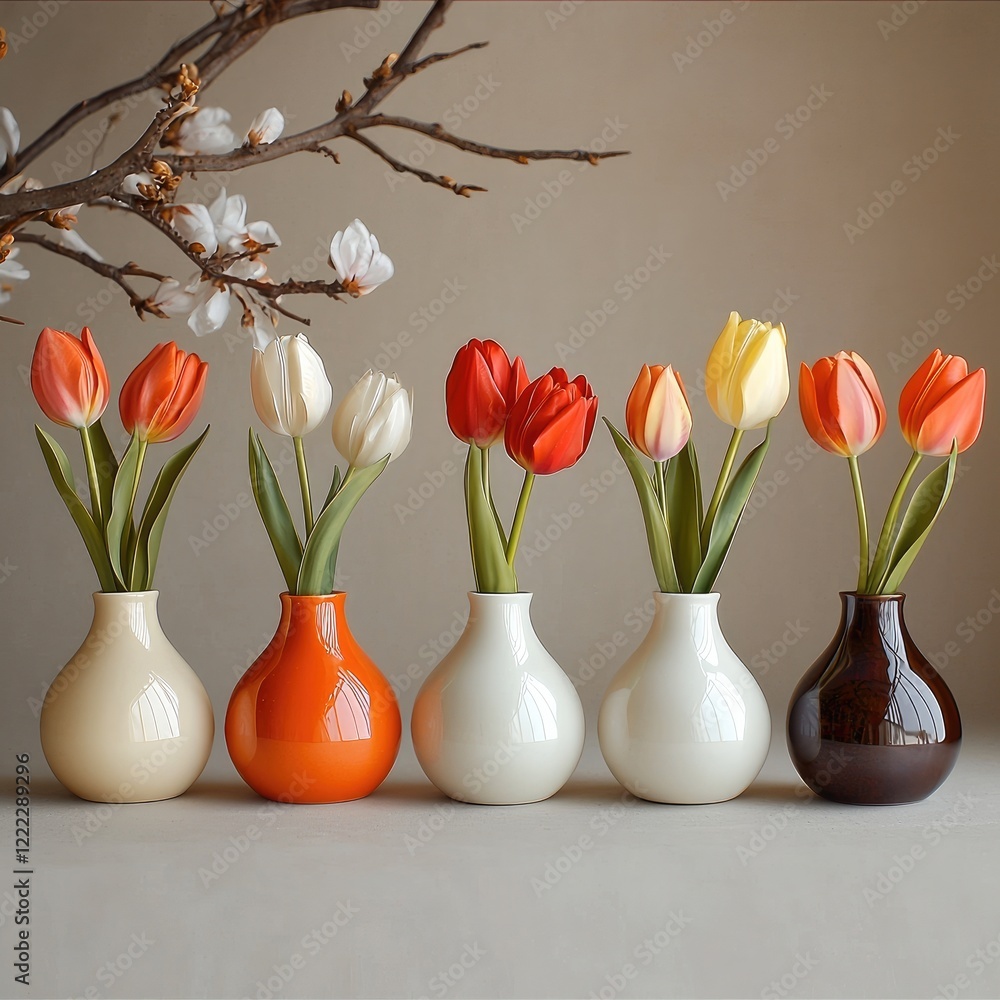 Poster five small bud vases with tulips on a table in beautiful environment.