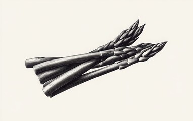 A monochrome vector illustration of asparagus with slender stems and delicate tips, drawn in a vintage wood engraving style using pen and ink