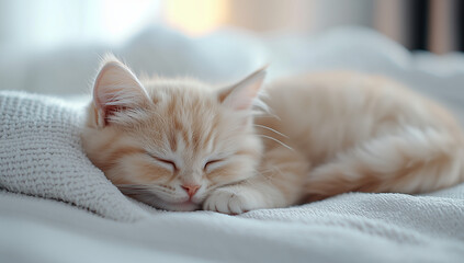 Naklejka premium Sleeping kitten rests peacefully on a soft white blanket during the afternoon in a cozy home setting