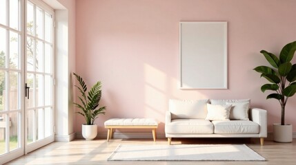 Serene Living Room with Soft Pink Walls, White Sofa, and Natural Light
