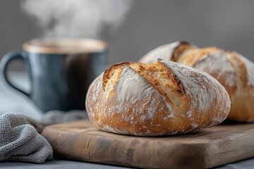 Freshly baked bread on a wooden board with a steaming cup of coffee in a cozy kitchen setting