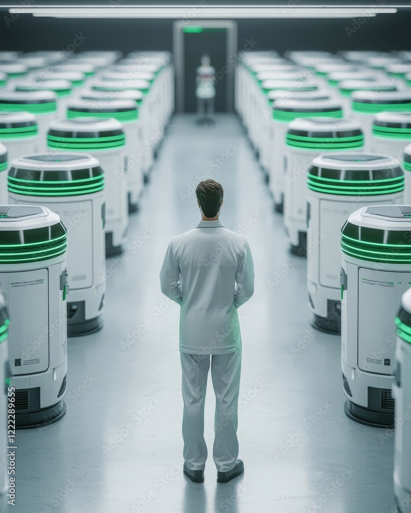 Poster scientist in a futuristic lab surrounded by advanced technology and storage pods in a sterile enviro