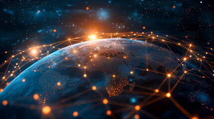 Global network, Earth from space, glowing connections, digital transformation, futuristic technology, interconnected world