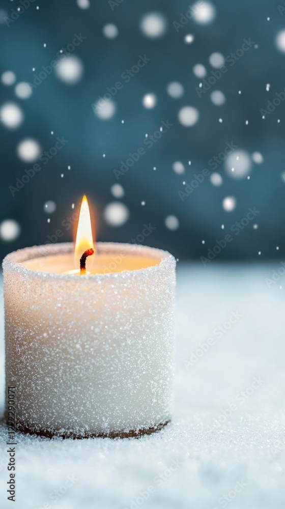 Poster candle flame in snowy setting with soft snowflakes falling and warm glow creating a cozy winter atmo