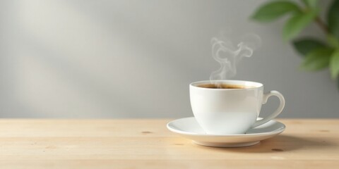 Fototapeta premium Aromatic Coffee Steam Rising from a White Mug on a Light Wood Table