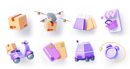 3d set of delivery robot, drone and scooter with box for shipping food and parcels. Mobile phone with shopping basket, bag, credit card icon. Fast order online delivery service render. 3D illustration