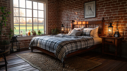 rustic bedroom with plaid bedding and cozy atmosphere