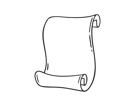 Ancient empty scroll doodle hand drawn, ancient medieval paper outline icon. Outline vector paper scroll, papyrus isolated empty template.
