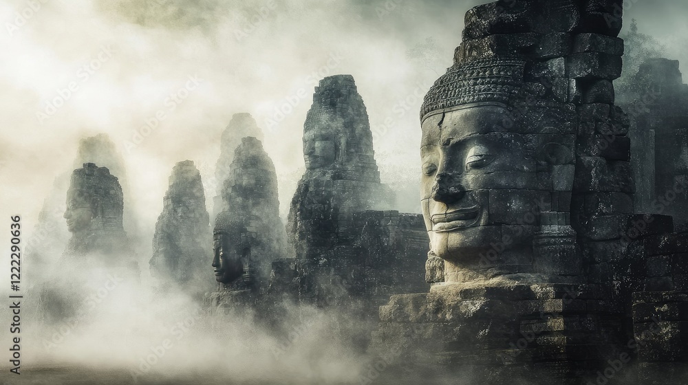Aufkleber an atmospheric grove of towering stone statues obscured by drifting mist, creating a scene of enigma