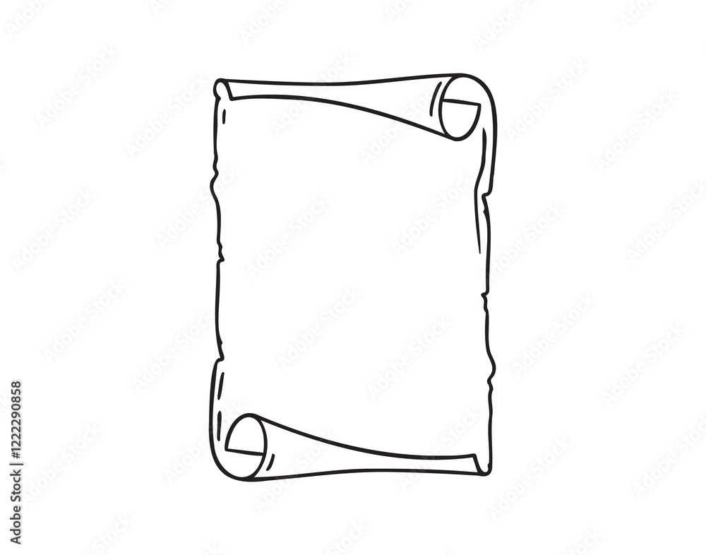 Poster ancient empty scroll doodle hand drawn, ancient medieval paper outline icon. outline vector paper sc