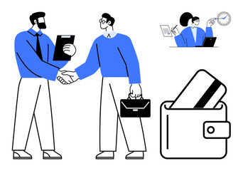 Two businessmen shaking hands, a team working on laptops, and a wallet with a credit card. Ideal for business partnerships, collaboration, team meetings, financial transactions, online work