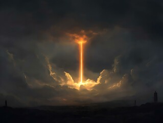 Obraz premium dramatic sky, light beam, orange and yellow tones, intense light, atmospheric perspective