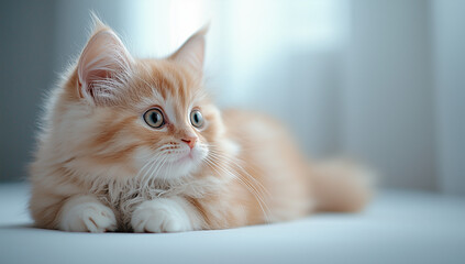 Fluffy orange kitten relaxing indoors by a softly lit window during a tranquil afternoon